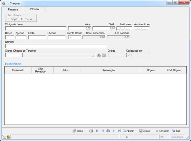 Tela Controle de Cheques