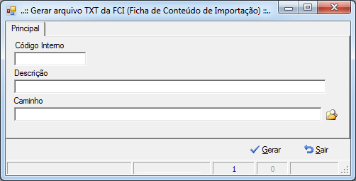 Gerar arquivo TXT para a FCI: Tela aberta pelo botão de opções ( ) do cadastro de Produto e de Insumo, que permite a geração de arquivo digital para preenchimento da Fich