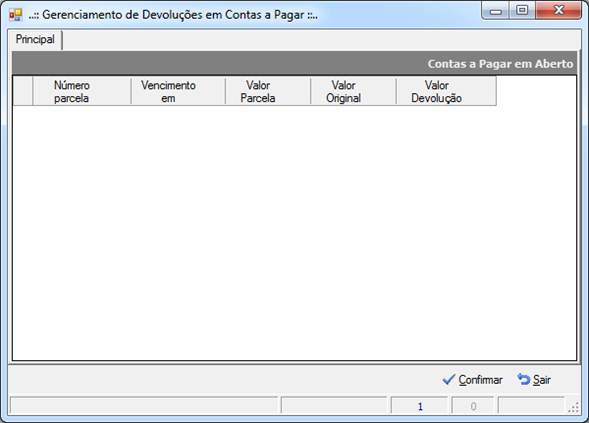 Tela de Gerenciamento de Devoluções em Contas a Pagar