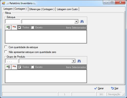 Abas e filtros do relatório de inventário