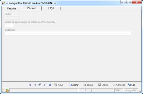 Cadastro de Código da base de cálculo do crédito PIS e COFINS
