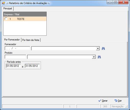 Filtros do relatório de critério de avaliação
