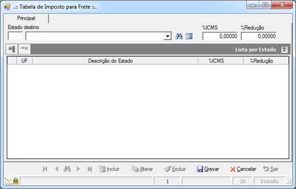 Tela de Tabela de Imposto sobre Frete