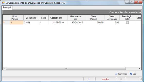 Valores de devolução nas contas a receber
