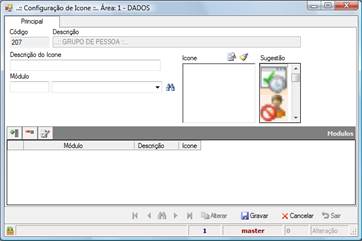 Configurar ícones no desktop do Supremo: Ao selecionar o registro para criar ícone na área desejada, clique em “Alterar” que levará para a aba Principal.