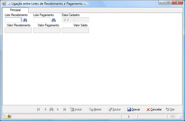 Tela Ligação entre Lote de Recebimento e Pagamento