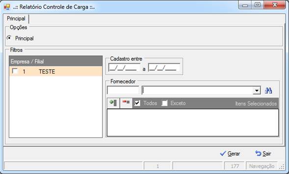 Tela de Relatório Controle de Carga