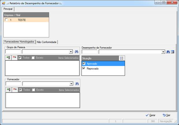 Filtros do relatório de desempenho de fornecedor