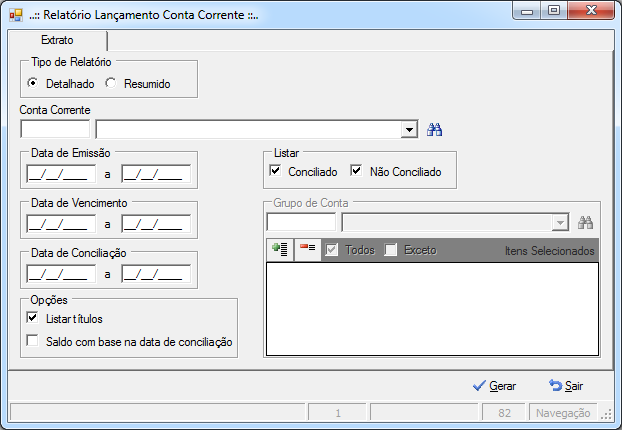 Tela Relatório de Lançamento de Conta Corrente