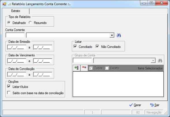 Tela Relatório de Lançamento de Conta Corrente