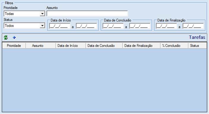 Inicial: consultar e cadastrar tarefas: Ao pressionar o botão “Atualizar” () o sistema reconsulta as tarefas de acordo com os filtros.